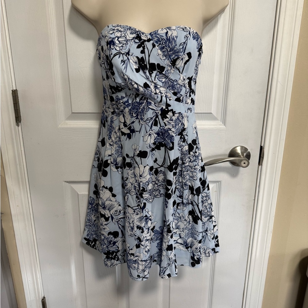 Express Strapless Light Blue and Navy Floral Fit & Flare Dress